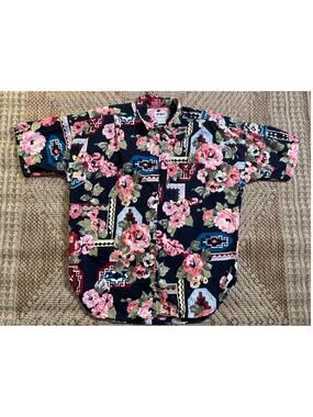 vintage AT LAST Basics 100% cotton short sleeve button up 90s Sz Med